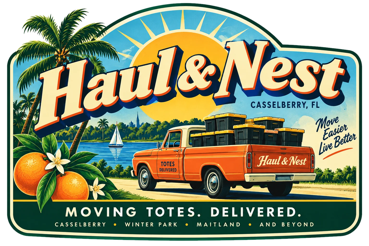 Haul & Nest, Casselberry, Florida. A vintage Florida postcard of an orange pickup loaded with black moving totes beside a lake, with palms and oranges. Moving totes, delivered.